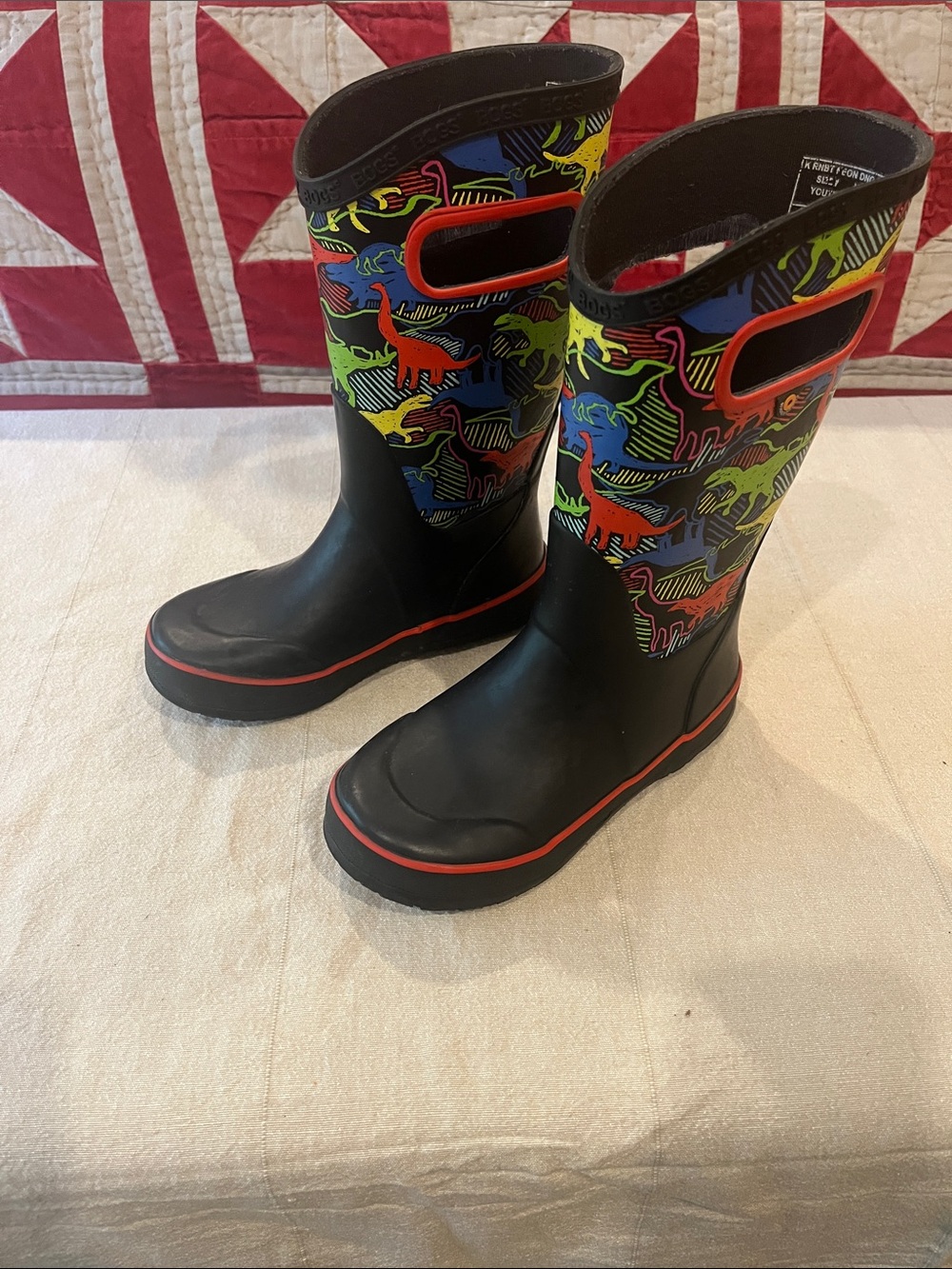 Bogs Kids Black Rain & Snow Boots with Multicolor Dinosaur Print